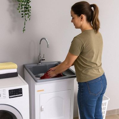 Gabinete Tanque de Lavar Roupas 26L Pequeno para Lavanderia com Esfregadeira Cinza Stilofibra