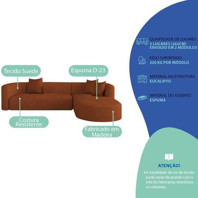 Sofá Modular Celinne Luxuoso Sala De Estar Decoração Luxo 265cm Suede Terracota
