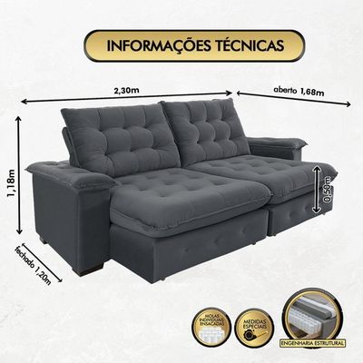 Sofá 3 Lugares Coliseu 2.30m Retrátil E Reclinável Super Pillow - Chumbo