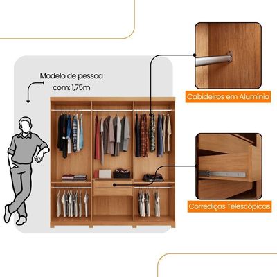 Guarda Roupa Casal Connor Mdf 3 Portas 2 Gavetas Com Pés Naturalle/off White