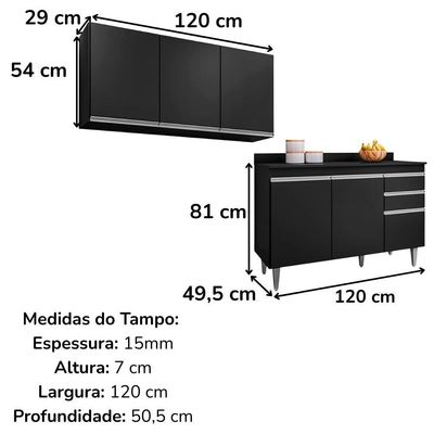 Armario Aereo E Balcao Com Tampo Bp 120 Cm Preto Eratto Moveis Preto