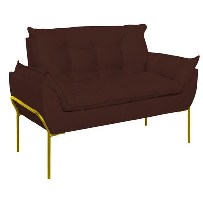 Sofá Namoradeira Base Metal Dourada Reforçada Tecido Suede Marrom