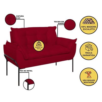 Sofá Namoradeira Base Metal Preta Reforçada Tecido Suede Vermelho