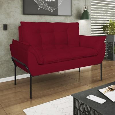 Sofá Namoradeira Base Metal Preta Reforçada Tecido Suede Vermelho