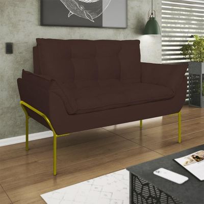 Sofá Namoradeira Base Metal Dourada Reforçada Tecido Suede Marrom