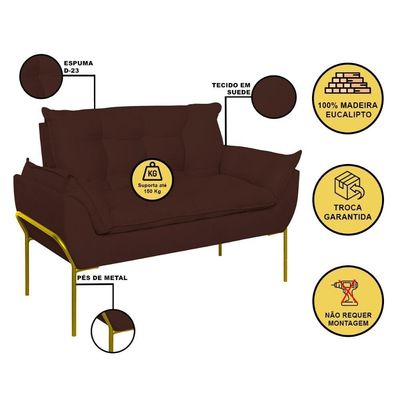 Sofá Namoradeira Base Metal Dourada Reforçada Tecido Suede Marrom