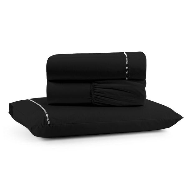 Jogo De Lençol Solteiro Premium Soft 600 Fios Micropercal Preto Ponto Palito Toque Macio 3 Peças