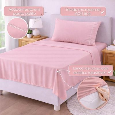 Jogo De Lençol Solteiro Premium Soft 600 Fios Micropercal Rosa Bebê Ponto Palito Toque Macio 3 Peças