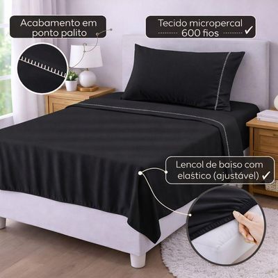 Jogo De Lençol Solteiro Premium Soft 600 Fios Micropercal Preto Ponto Palito Toque Macio 3 Peças