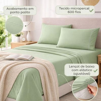 Jogo De Lençol King Premium Soft 600 Fios Micropercal Verde Ponto Palito Toque Macio 4 Peças
