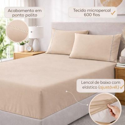 Jogo De Lençol Queen Premium Soft 600 Fios Micropercal Avelã Ponto Palito Toque Macio 3 Peças