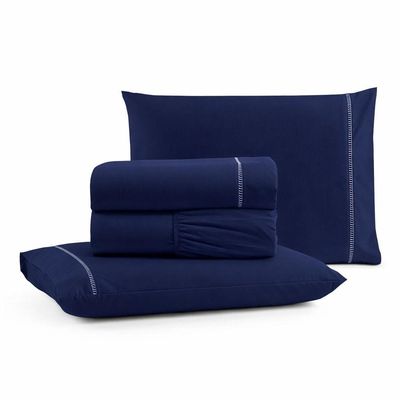 Jogo De Lençol Queen Premium Soft 600 Fios Micropercal Azul Marinho Ponto Palito Toque Macio 4 Peças