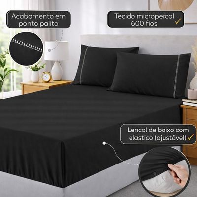 Jogo De Lençol King Premium Soft 600 Fios Micropercal Preto Ponto Palito Toque Macio 3 Peças