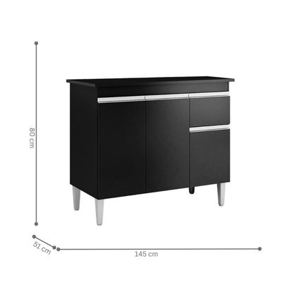 Balcão De Cozinha 3 Portas Oxford Preto Fosco