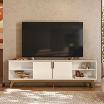 Rack Para Tv Com 2 Portas Centrais E Nichos Laterais Abertos Off White Amendoa