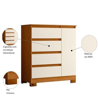 Cômoda Buffet 4 Gavetas Quarto Sala Pés Retrô Luxo Cinamomo Mel Off White