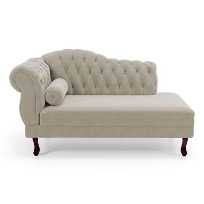 Divã Recamier Lavínia Clássico 120cm Capitonê Com Pés De Madeira Veludo Bege Claro - Desk Design