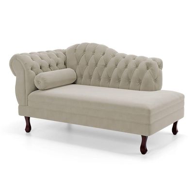 Divã Recamier Lavínia Clássico 120cm Capitonê Com Pés De Madeira Veludo Bege Claro - Desk Design
