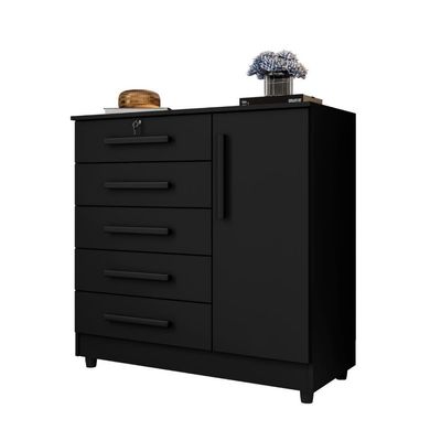 Cômoda Grande 5 Gavetas 1 Porta Com Chave Elegante Preta Preto