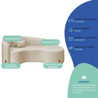 Divã Recamier Curvo Sala De Estar Recepção Inglaterra 180cm Pés Madeira Lado Direito Linho Bege