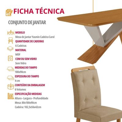 Mesa De Jantar Yasmin 180cm Tampo Mdf Com 6 Cadeiras Carol Turim 07/naturale /off White