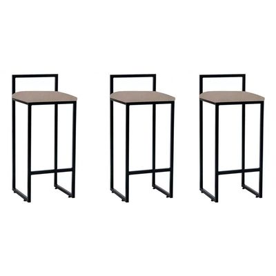 Kit 3 Banquetas Dori Bistrô Alta Industrial Em Aço Para Bar Cozinha Assento Suede - Preto-bege