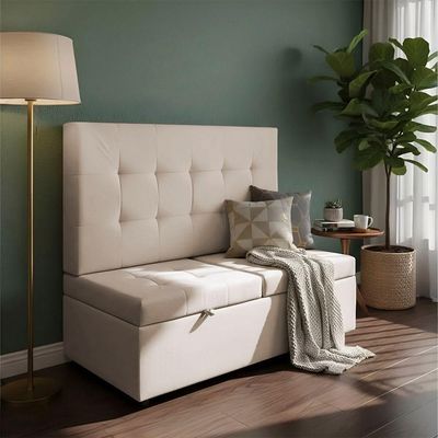 Canto Alemão Recamier Bau + Painel Madri 140cm Linho Bege - Inova Decor
