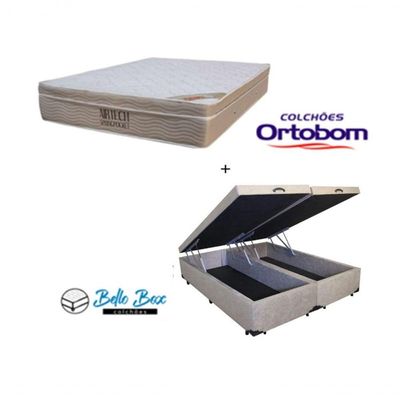 Cama Box Baú Queen Bipartido 158 Suede Bege Com Colchão Ortobom Airtech Spring Pocket D26 Bege 70x158x198