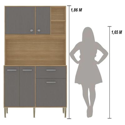 Armário De Cozinha Compacto Liv 5 Portas 1 Gaveta Com Nicho Decorativo 1,20m - Freijó/gris