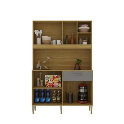 Armário De Cozinha Compacto Liv 5 Portas 1 Gaveta Com Nicho Decorativo 1,20m - Freijó/gris