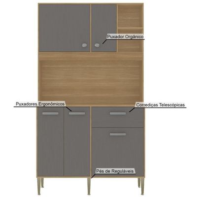 Armário De Cozinha Compacto Liv 5 Portas 1 Gaveta Com Nicho Decorativo 1,20m - Freijó/gris