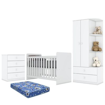 Dormitório Infantil Labirinto Guarda Roupa, Cômoda E Berço Branco Brilho Com Colchão - Móveis Henn Branco Brilho