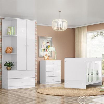 Dormitório Infantil Labirinto Com Guarda Roupa, Cômoda E Berço Branco Brilho - Móveis Henn Branco Brilho