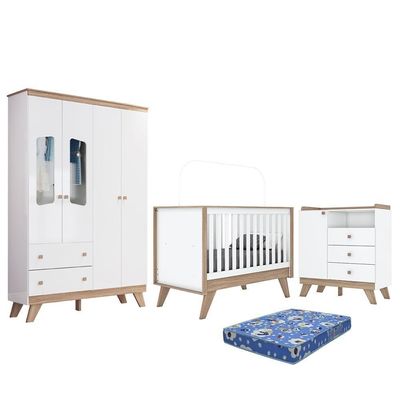 Dormitório Infantil Confete Guarda Roupa, Cômoda, Berço Branco-jequitibá Com Colchão - Móveis Henn Branco-jequitibá