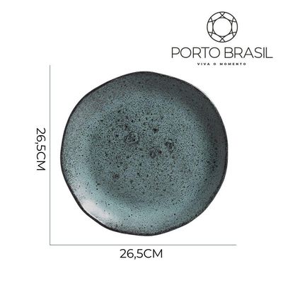Prato Raso De Cerâmica Orgânico Azul Petroleum Porto Brasil Stoneware 26,5cm