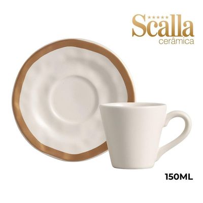 Xícara De Chá De Cerâmica Bege Filete Amassada Scalla 180ml