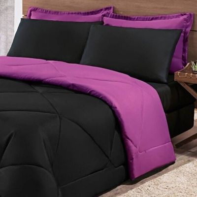 Kit Edredom + Jogo De Lençol Aconchego Look House Dupla Face Casal Queen 06 Peças - Preto/ Roxo