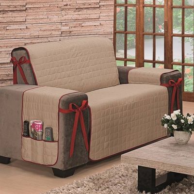 Protetor De Sofá Dupla Face Premium 2 E 3 Lugares - Vermelho/Cáqui