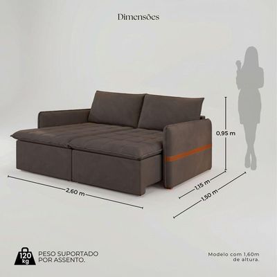 Sofá Cama Retrátil 4 Lugares Bárbara 2,60m Veludo Marrom