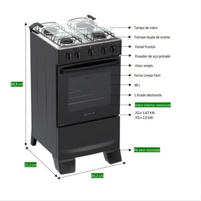 Fogão 4 Bocas Atlas Coliseum Plus Mesa De Inox A Gás Manual Preto