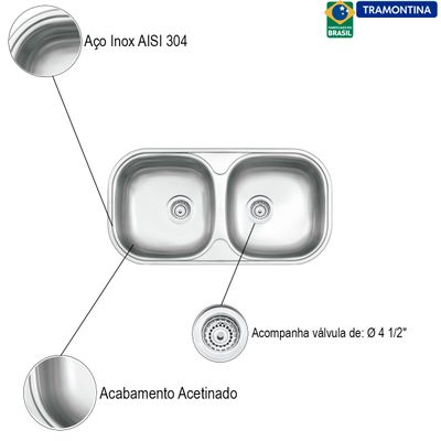 Cuba Dupla de Sobrepor Isis Aço Inox Acetinado 2C 34 BS - Tramontina 94032/102