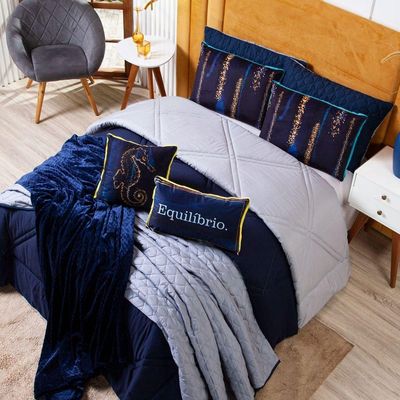 Kit Edredom King Verano Com Almofadas Estampadas 07 Peças - Dupla Face Percal 300 Fios Cor Cavalo Marinho