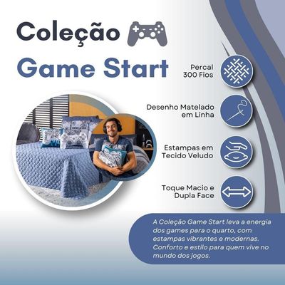 Kit Cobre Leito Colcha Queen Game Start Azul Com Almofadas Estampadas 07 Peças - Dupla Face Percal 300 Fios Matelado