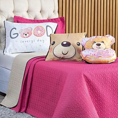 Kit Cobre Leito Colcha Solteiro Urso Donuts Pink/caqui Dupla Face Com Almofadas Estampadas 05 Peças