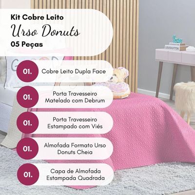 Kit Cobre Leito Colcha Solteiro Urso Donuts Pink/caqui Dupla Face Com Almofadas Estampadas 05 Peças