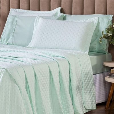 Kit Cobre Leito Colcha Queen Sublime Dupla Face Com Fronhas 03 Peças - Percal 300 Fios Toque De Pluma Cor Verde Menta