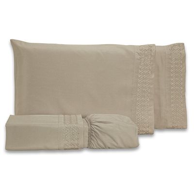 Jogo De Cama Lençol Queen Harmony Bordado Geométrico Percal 300 Fios Com Fronhas 04 Peças - Toque Acetinado Cor Caqui