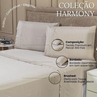 Jogo De Cama Lençol Queen Harmony Bordado Geométrico Percal 300 Fios Com Fronhas 04 Peças - Toque Acetinado Cor Caqui