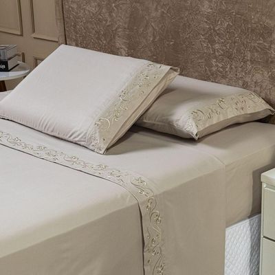 Jogo De Cama Lençol Casal Padrão Blossom Bordado Floral Percal 300 Fios Com Fronhas 04 Peças - Toque Acetinado Cor Caqui