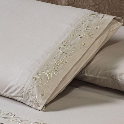 Jogo De Cama Lençol Casal Padrão Blossom Bordado Floral Percal 300 Fios Com Fronhas 04 Peças - Toque Acetinado Cor Caqui